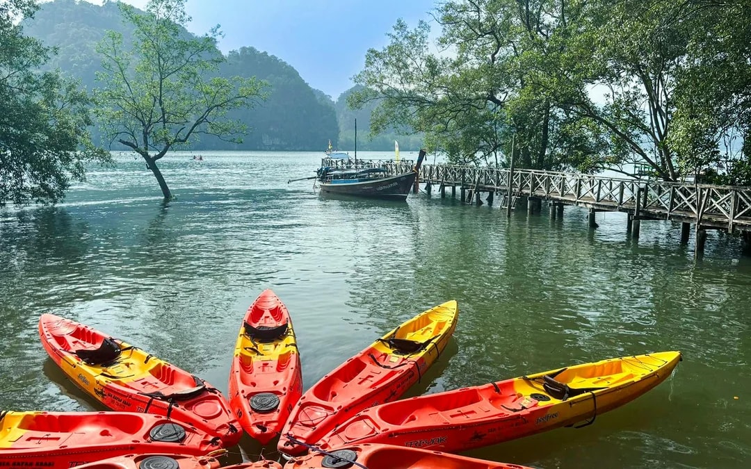 Kayaks on the water near a wooden pier in Ao Thalane, surrounded by mangrove forests.