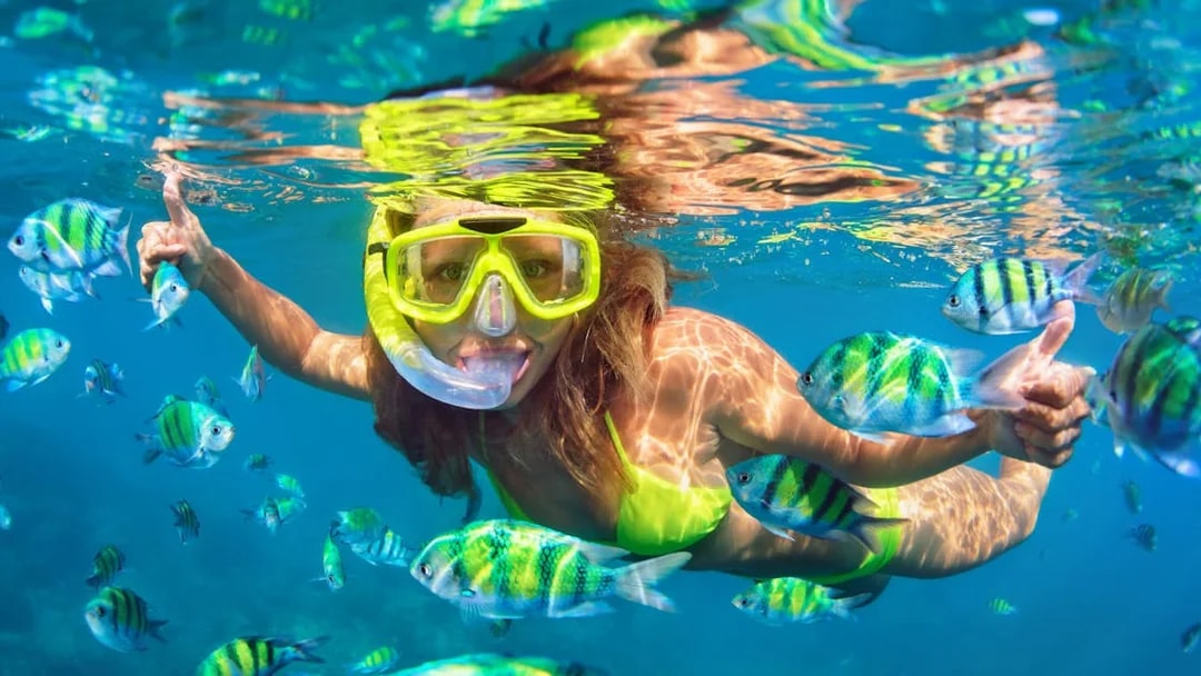 Woman snorkeling among colorful fish in clear tropical waters.