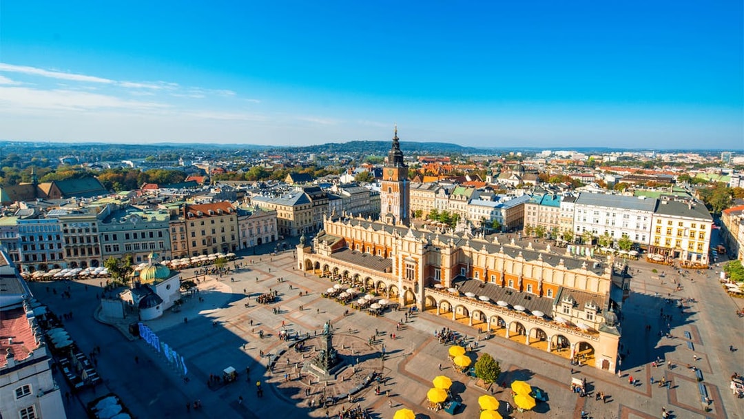 Krakow's Main Market Square with Cloth Hall and Town Hall Tower, view from above.