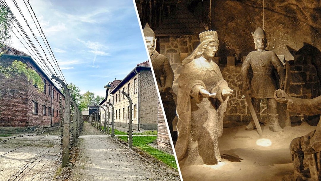 Auschwitz-Birkenau barbed wire fence and Wieliczka Salt Mine sculptures, Krakow tour.