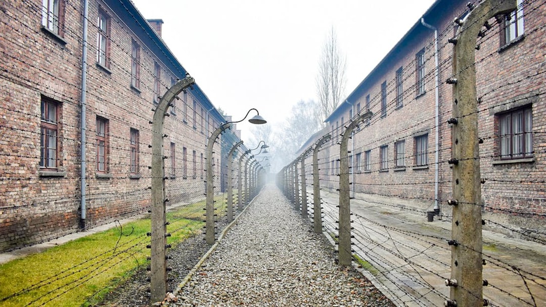 Auschwitz I barracks with barbed wire fences along a gravel path.