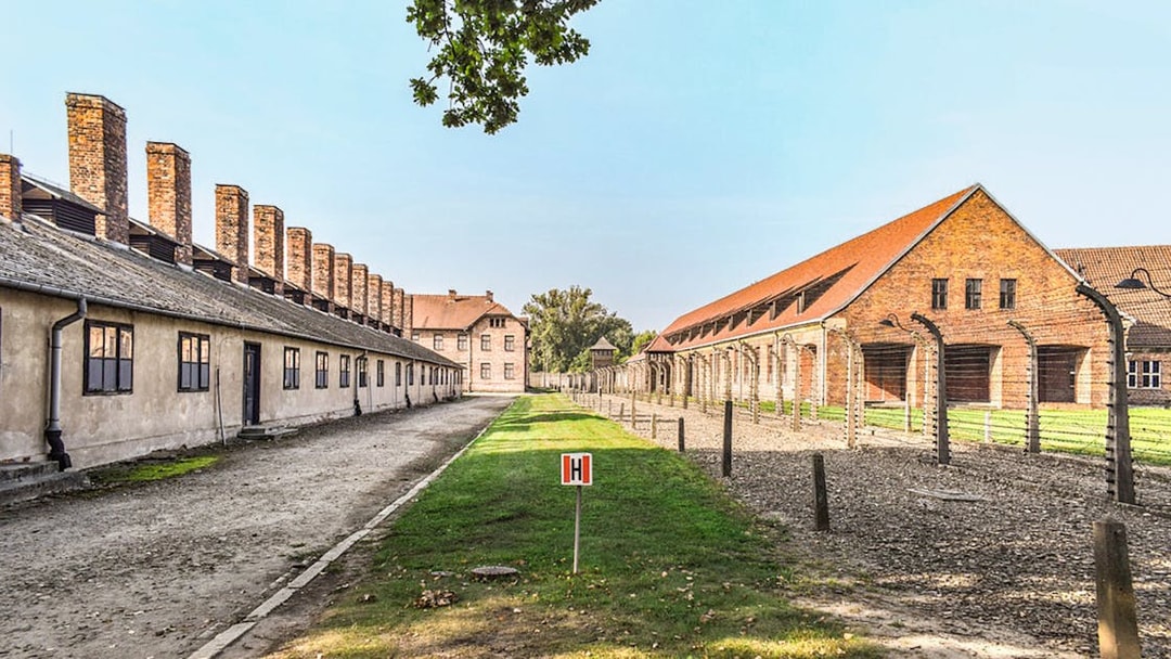 Auschwitz I barracks with barbed wire fences and brick buildings under a clear sky.