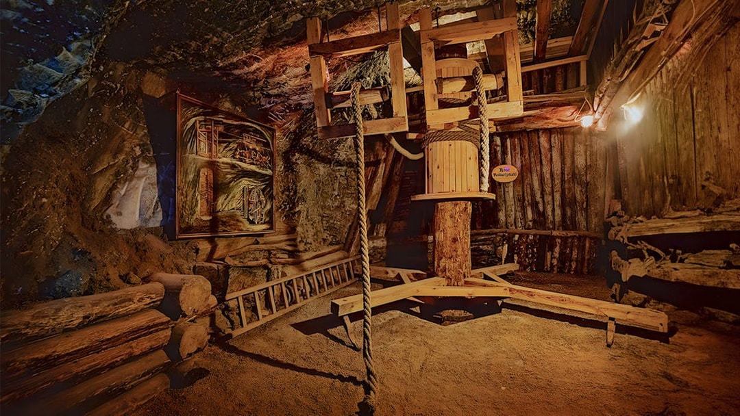 Underground chamber with wooden structures in Bochnia Salt Mine, Poland.