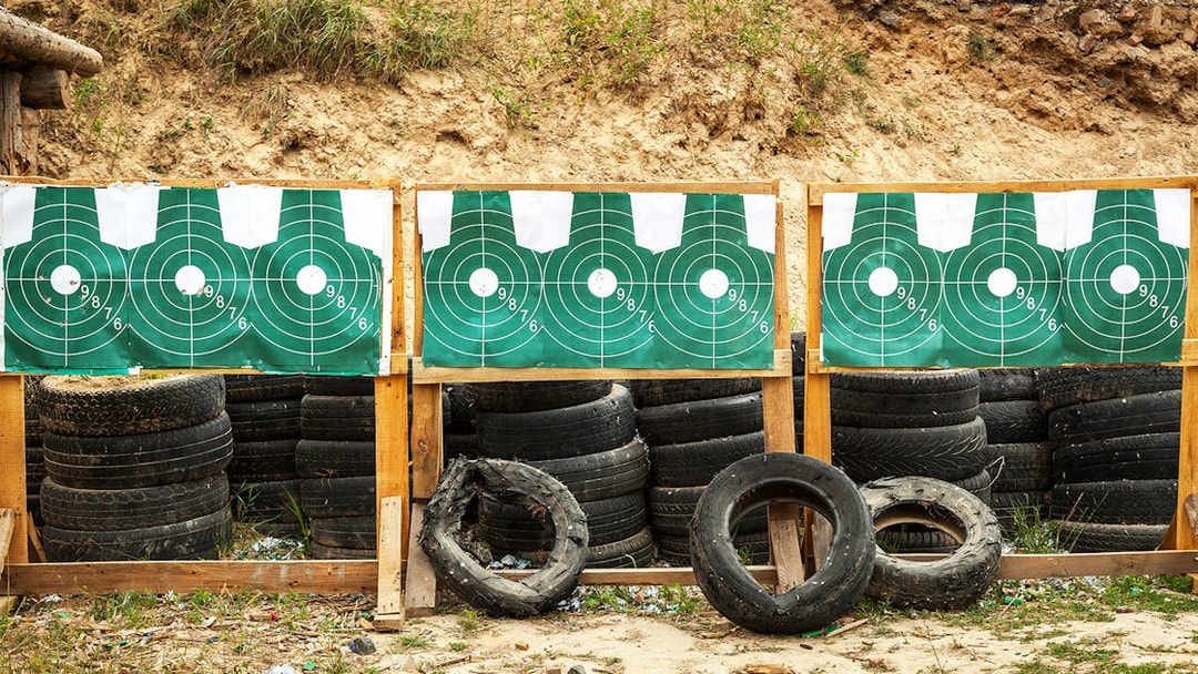 Shooting range targets with tires at an outdoor extreme shooting range.