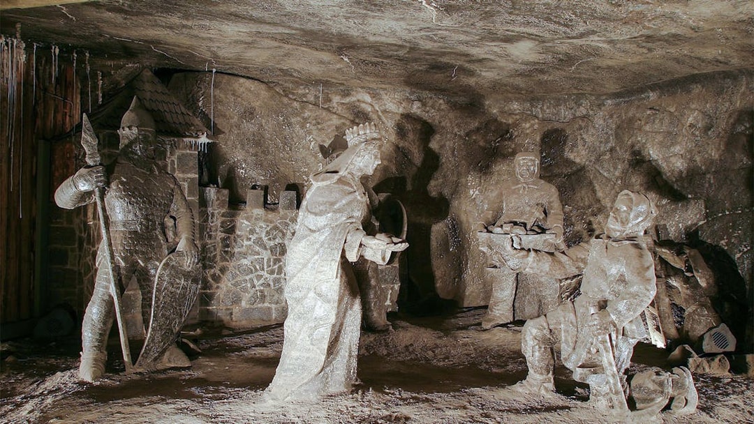 Salt sculptures depicting historical figures in Wieliczka Salt Mine, Poland.