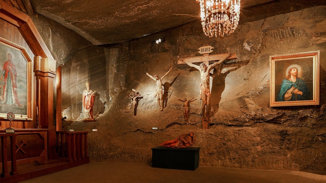 Chapel with religious sculptures and paintings in Wieliczka salt mine, Poland.