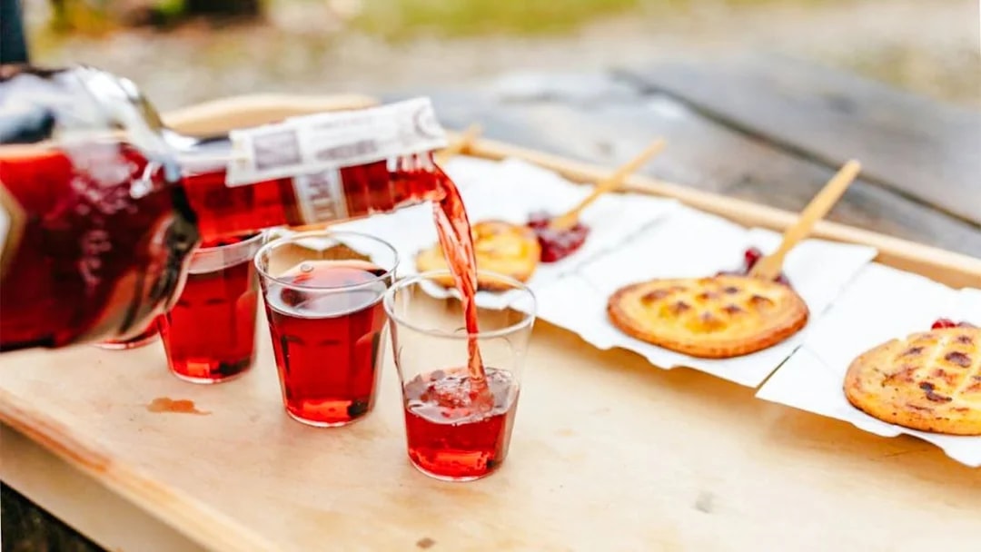 Pouring red drink into glasses with Oscypek cheese on sticks, Zakopane full-day trip.