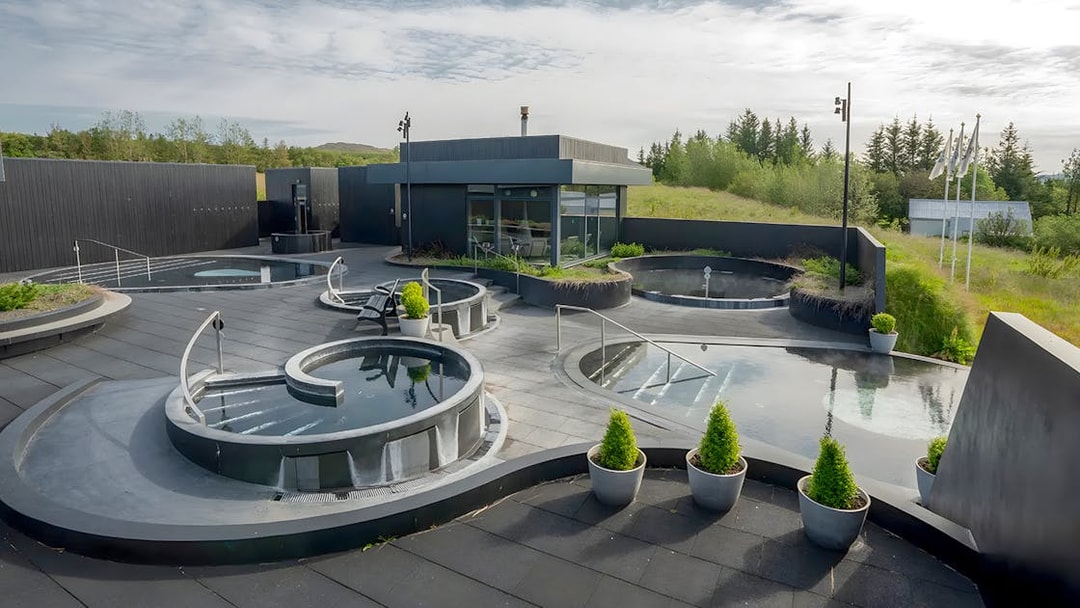 Krauma Geothermal Baths with outdoor hot tubs and modern facilities in Iceland.