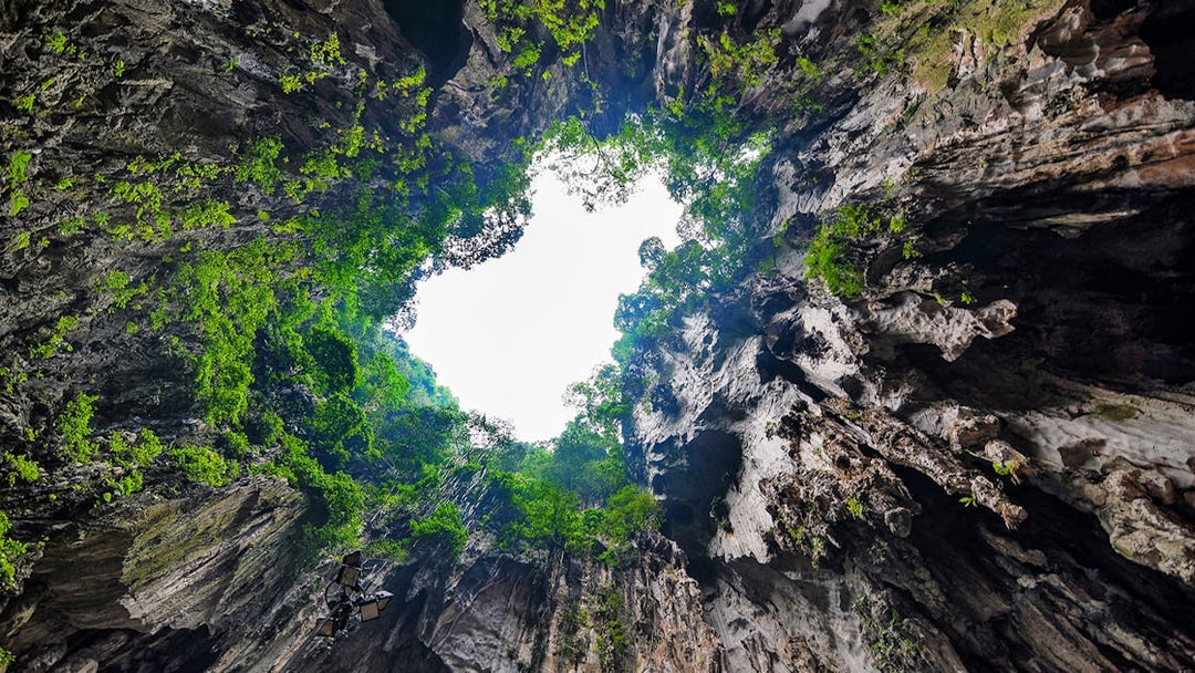 View of Batu Caves' limestone formations with greenery, Malaysia.