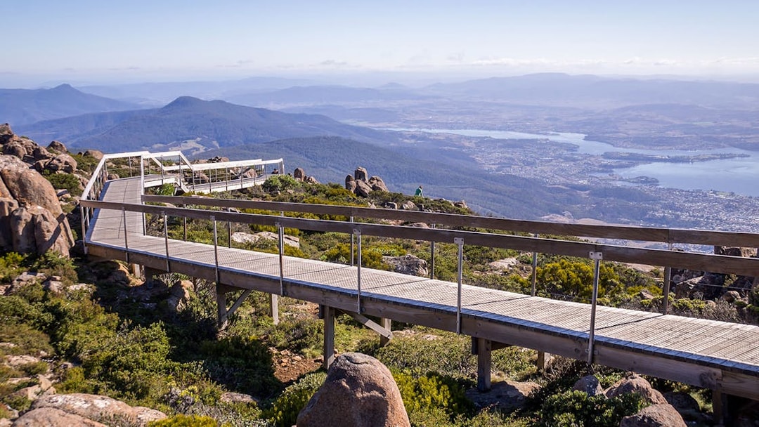 Kunanyi Mt Wellington boardwalk with panoramic view of Hobart, Tasmania.