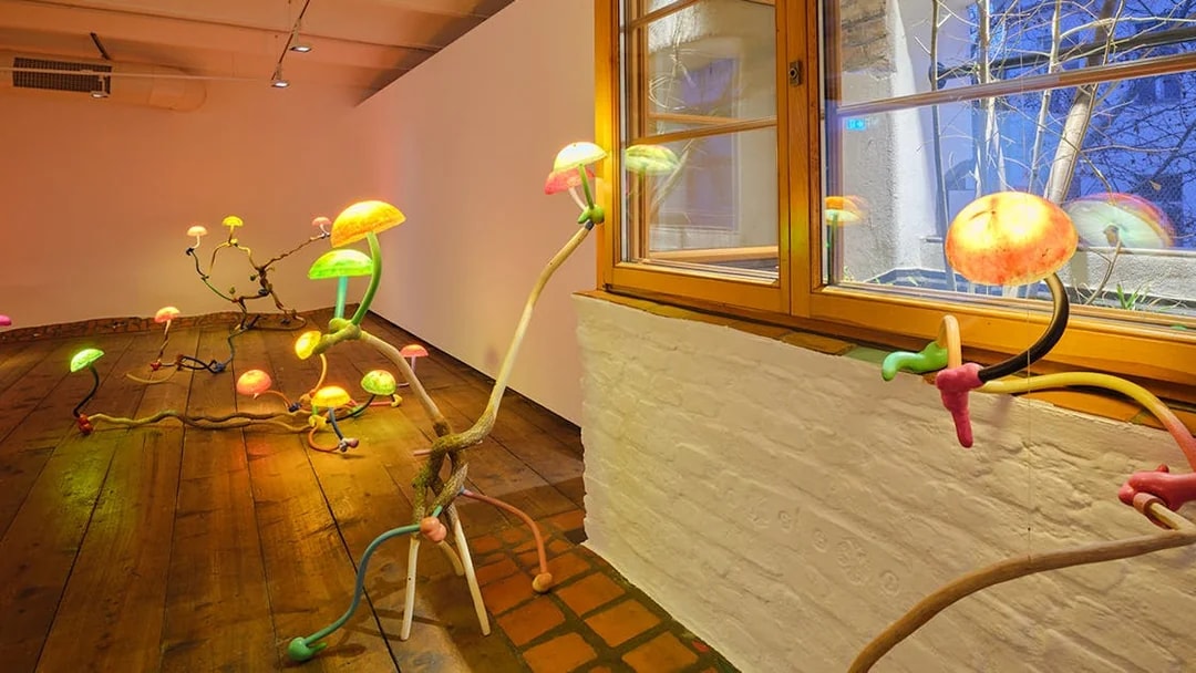 Colorful illuminated sculptures at Antimatter Factory exhibit, KUNST HAUS WIEN.