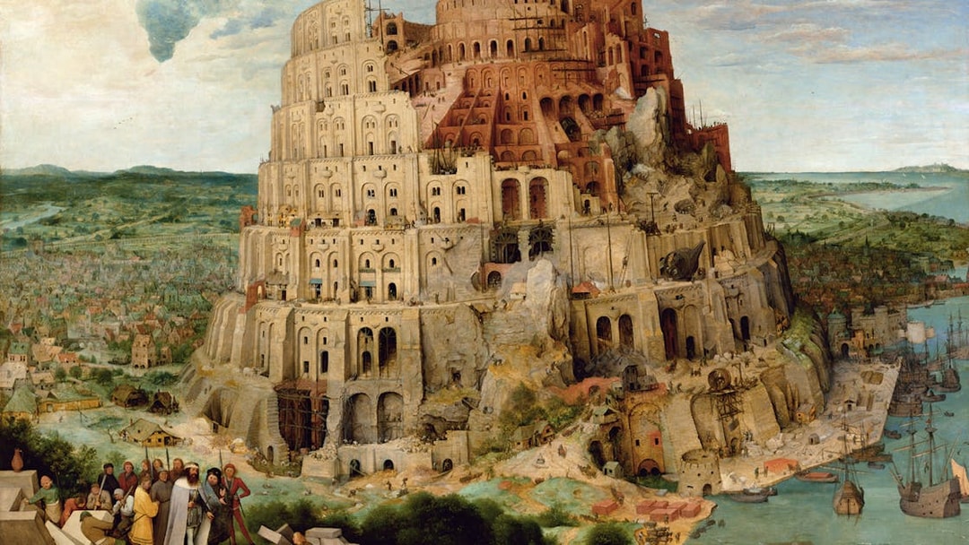 Tower of Babel painting in Kunsthistorisches Museum, Vienna, depicting a massive spiraling structure.