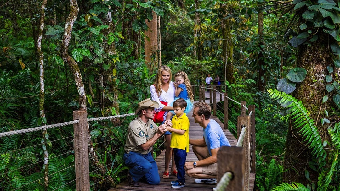 Family interacting with guide on rainforest boardwalk at Barron Falls Skyrail Station.
