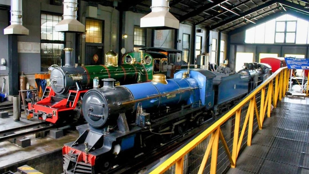 Historic steam locomotives displayed at Kyoto Railway Museum.