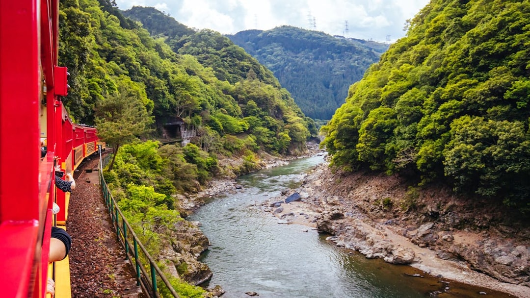 Sagano Scenic Railway train traveling along the Hozugawa River in lush green valley.