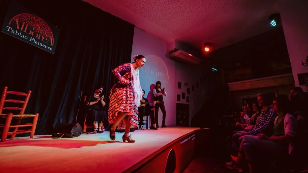 Flamenco dancer performing at La Alboreá in Granada with audience watching.