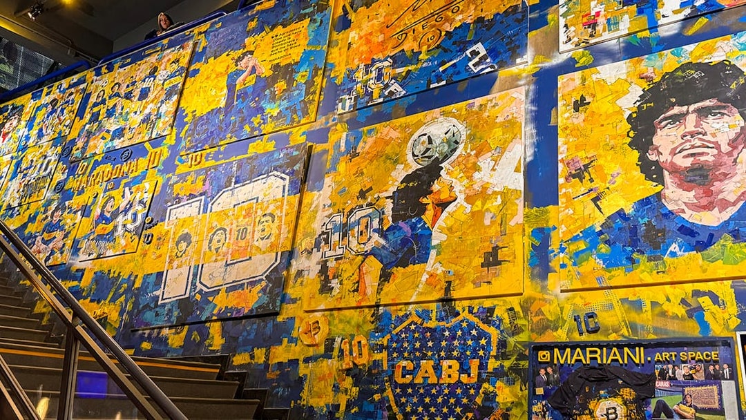 Mural of Diego Maradona inside La Bombonera stadium museum, Buenos Aires.