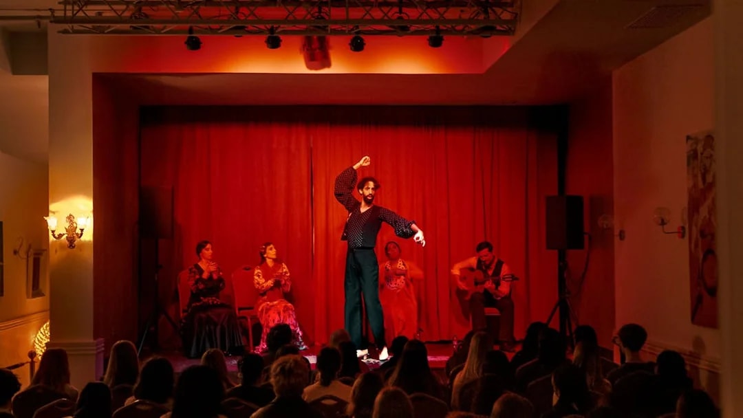 Flamenco dancers performing on stage at Laietana, Barcelona.