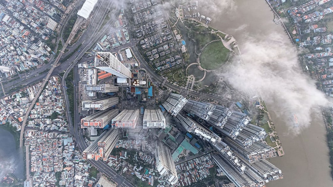 Aerial view of Landmark 81 and surrounding buildings in Ho Chi Minh City, Vietnam.