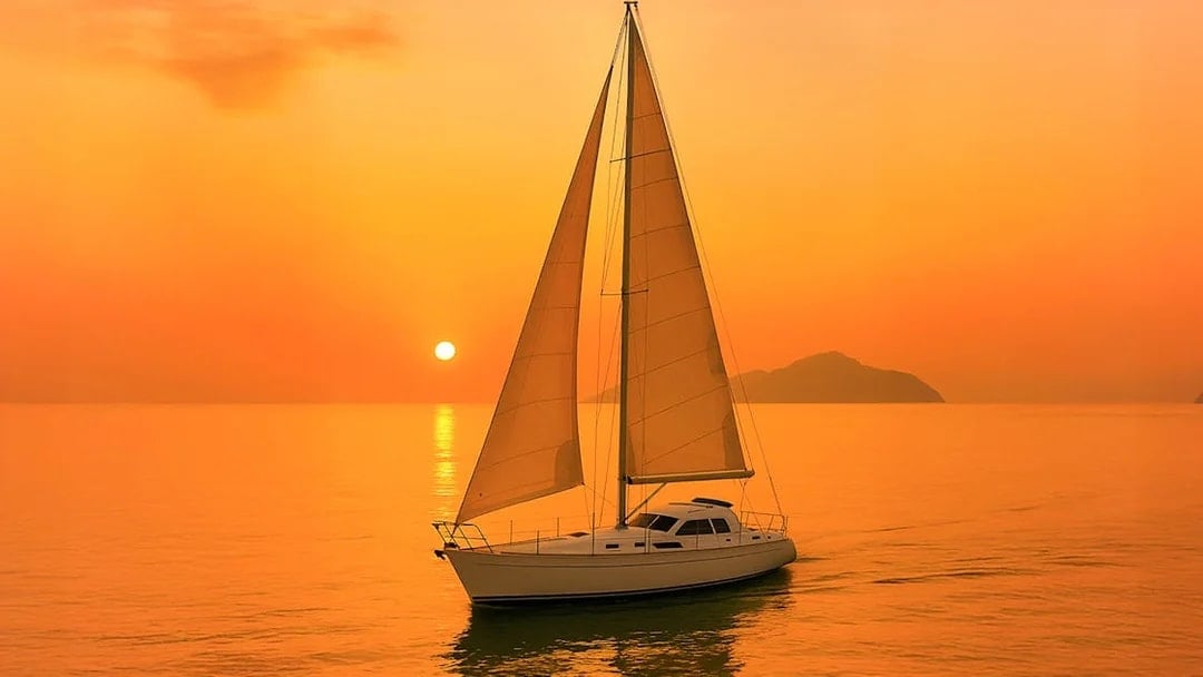 Monohull sailing at sunset in Langkawi waters.