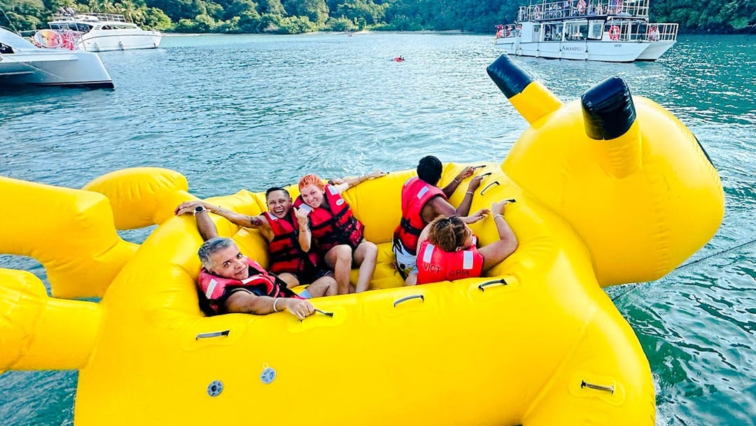 Visitors enjoying a Pikachu-shaped boat ride during Langkawi Sunset Cruise.