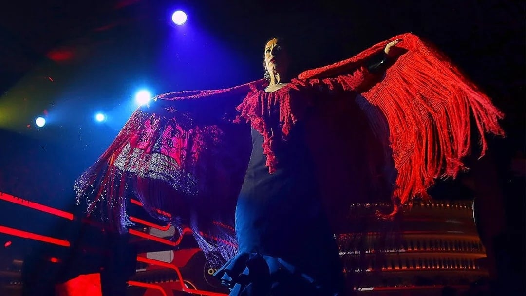 Flamenco dancer performing under stage lights with red shawl, Spain.