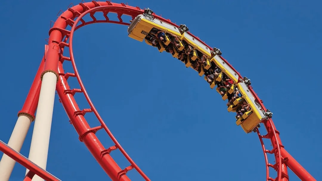 Roller coaster loop at an amusement park in Las Vegas, part of Go City attractions.
