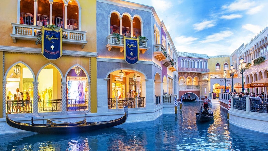 Gondola ride through Venetian-style canal in Las Vegas.