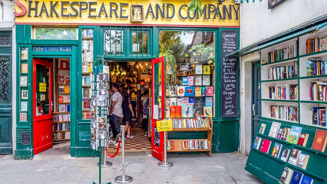 Shakespeare and Company bookstore entrance in Paris, featured on the Latin Quarter self-guided audio tour.