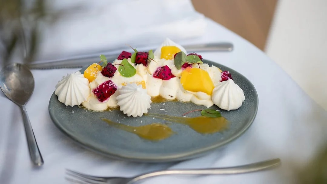 French dessert with tropical fruits on Le Diamant Bleu Seine River dinner cruise.
