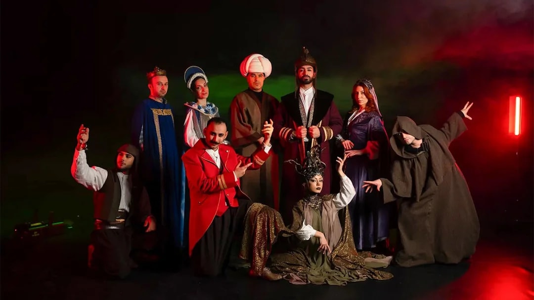 Cast members in historical costumes at Legends of Istanbul show.