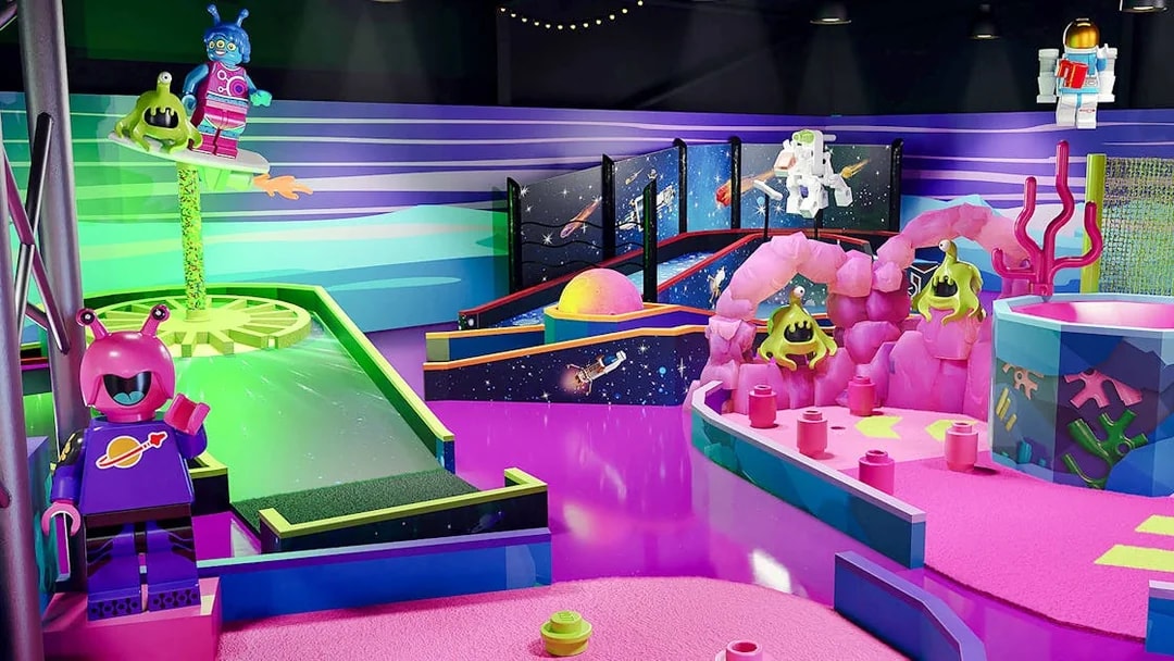 LEGOLAND® space-themed mini golf course with alien and astronaut figures.