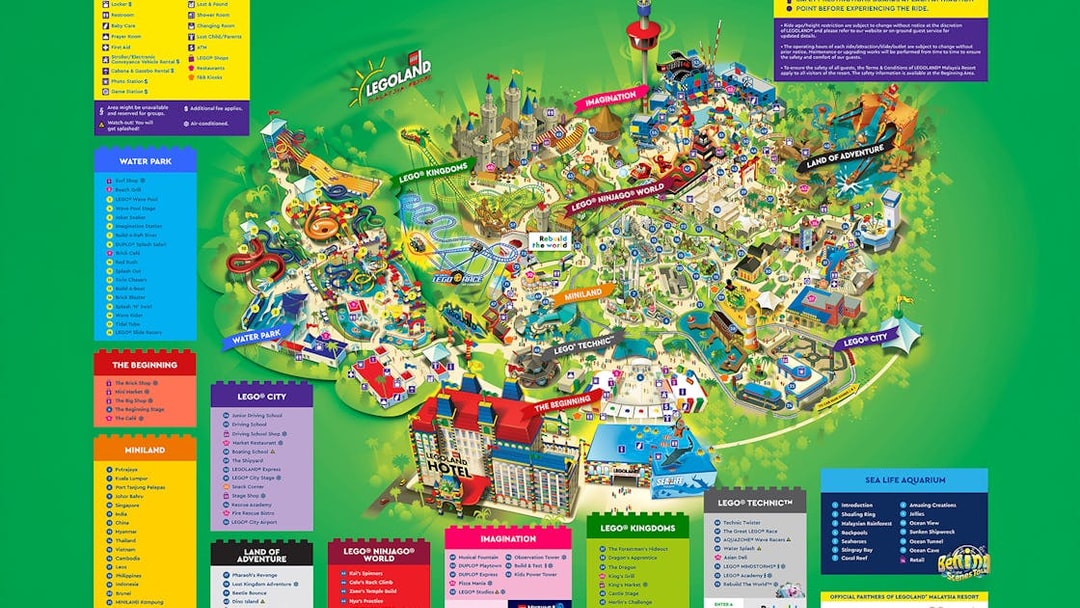 Legoland Malaysia map showing themed areas like Water Park, Lego Kingdoms, and Ninjago World.
