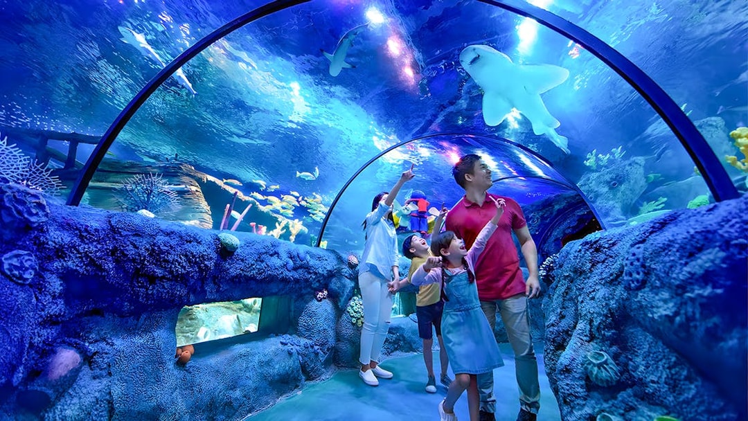 Family in underwater tunnel viewing sharks at SEA LIFE Malaysia, Legoland Resort.