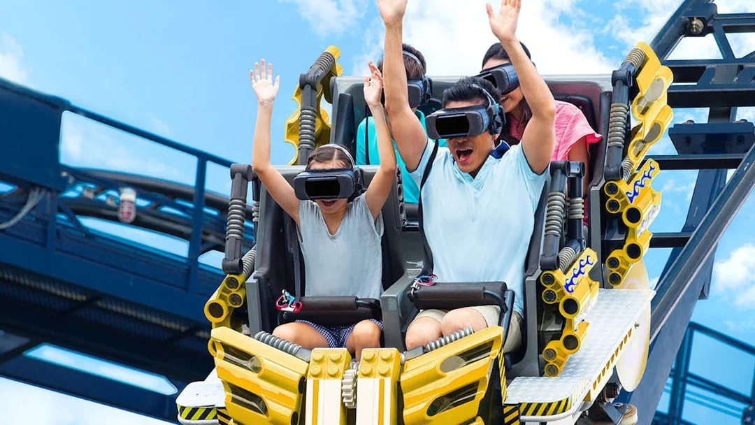 Family enjoying VR roller coaster at Legoland Malaysia.
