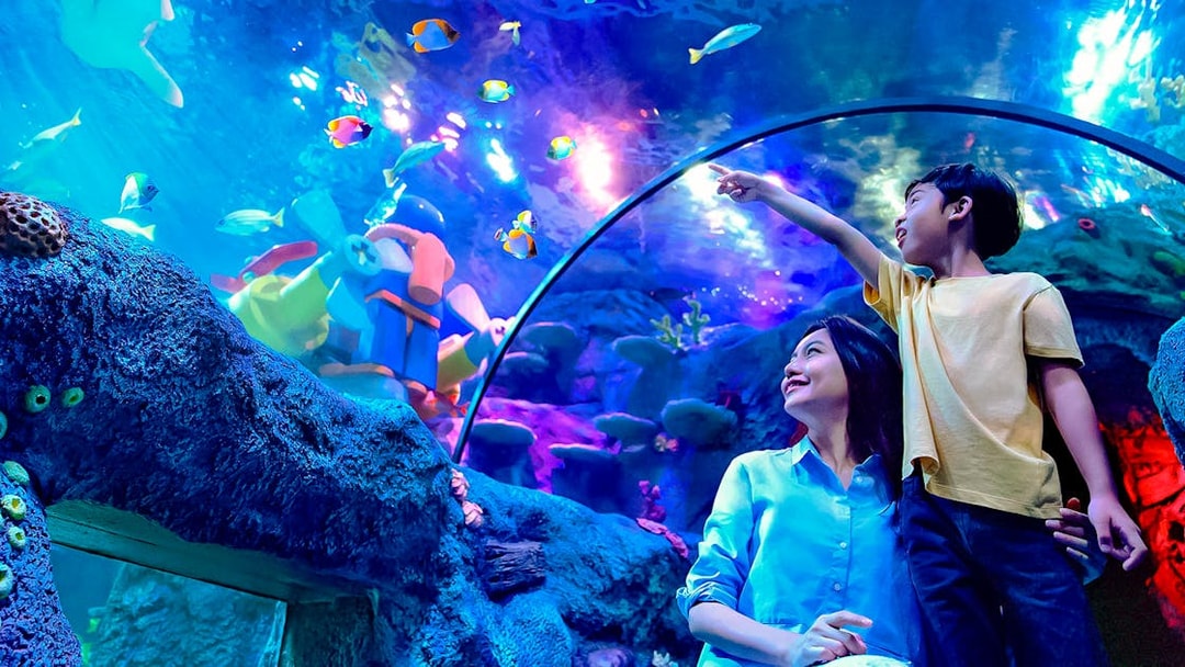 Family exploring ocean tunnel at Sea Life Aquarium, Legoland Malaysia.
