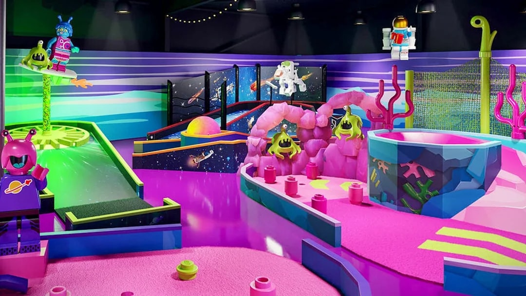 Adventure golf course with space-themed LEGO figures at Legoland.
