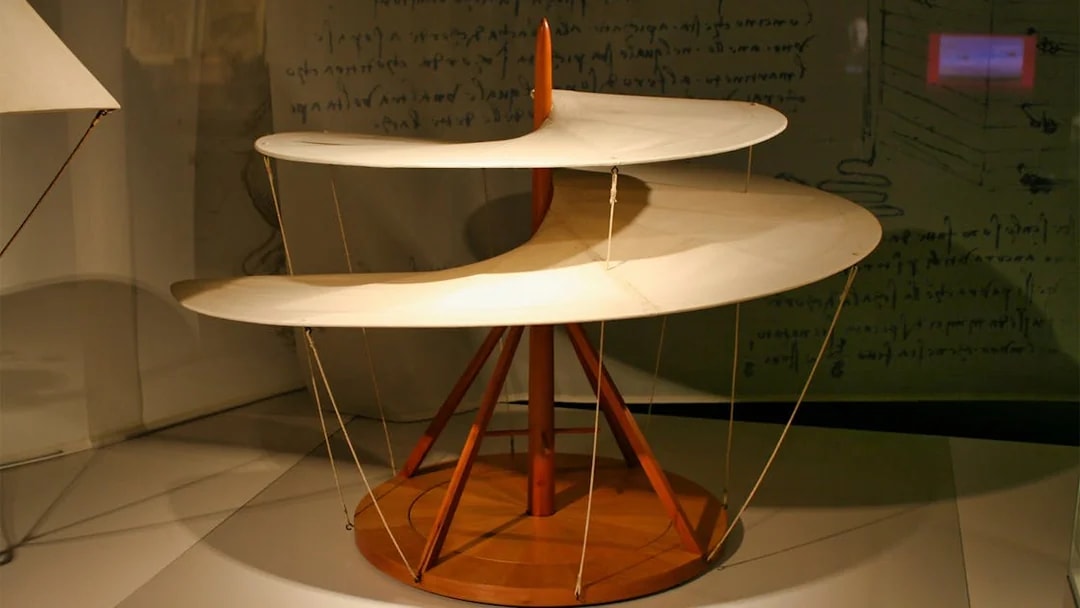 Leonardo Da Vinci Museum exhibit of a helical aerial screw model with audioguide.