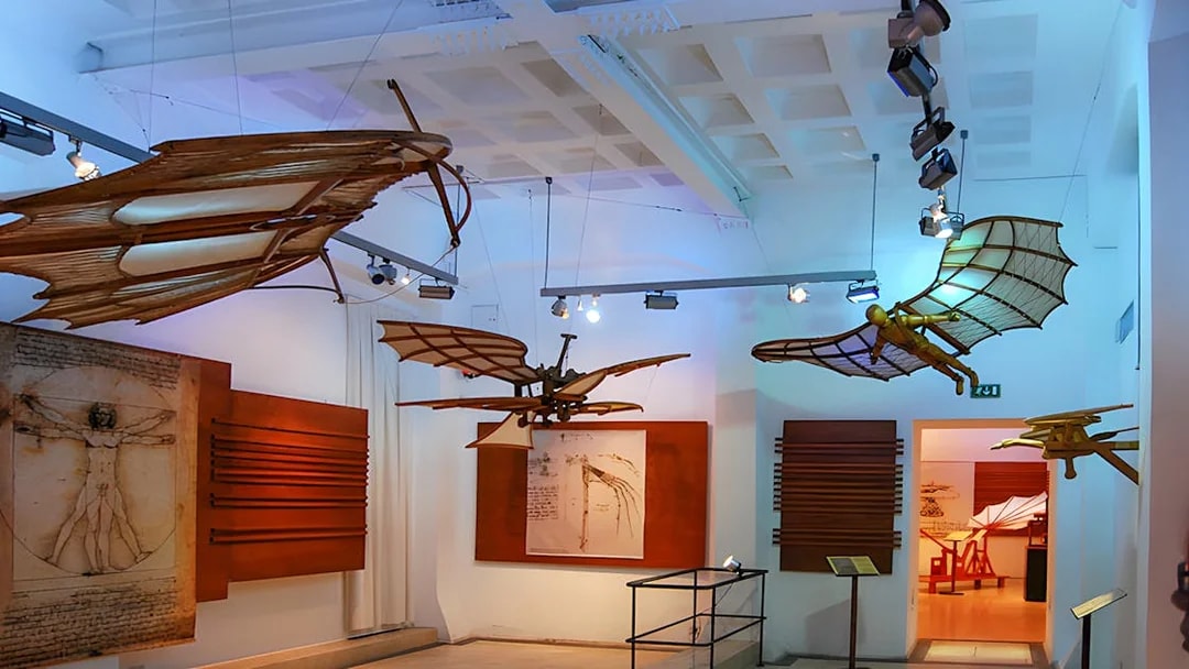 Flying machine models at Leonardo da Vinci Museum exhibit.