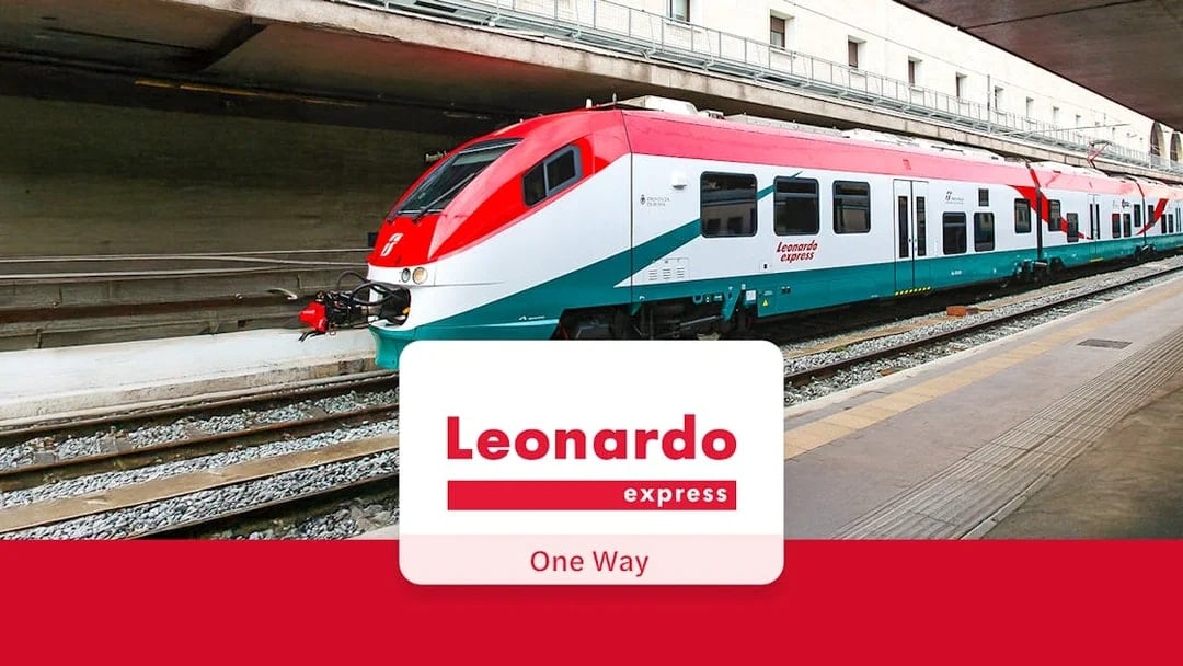 Leonardo Express train at Fiumicino Airport platform for Rome Termini transfer.
