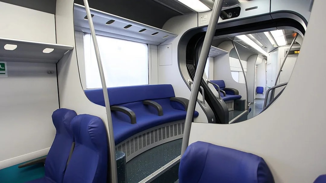Interior of Leonardo Express train from Fiumicino Airport to Rome Termini Station.