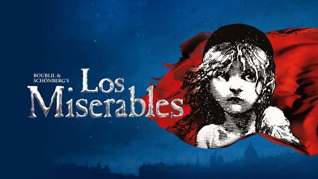 Les Miserables logo with a young girl's face and red flag background.