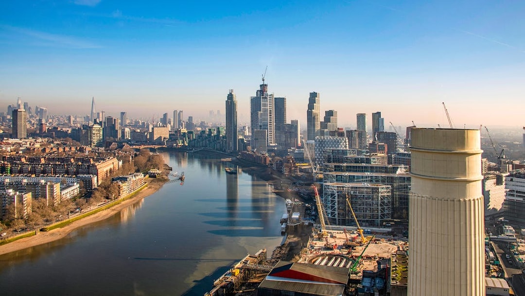 Aerial view of Battersea Power Station and River Thames in London.