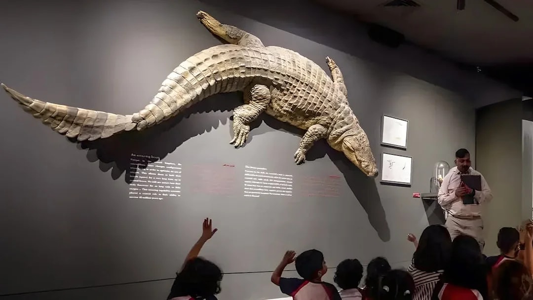 Educator leading a session with children at Dubai Crocodile Park, large crocodile display on wall.