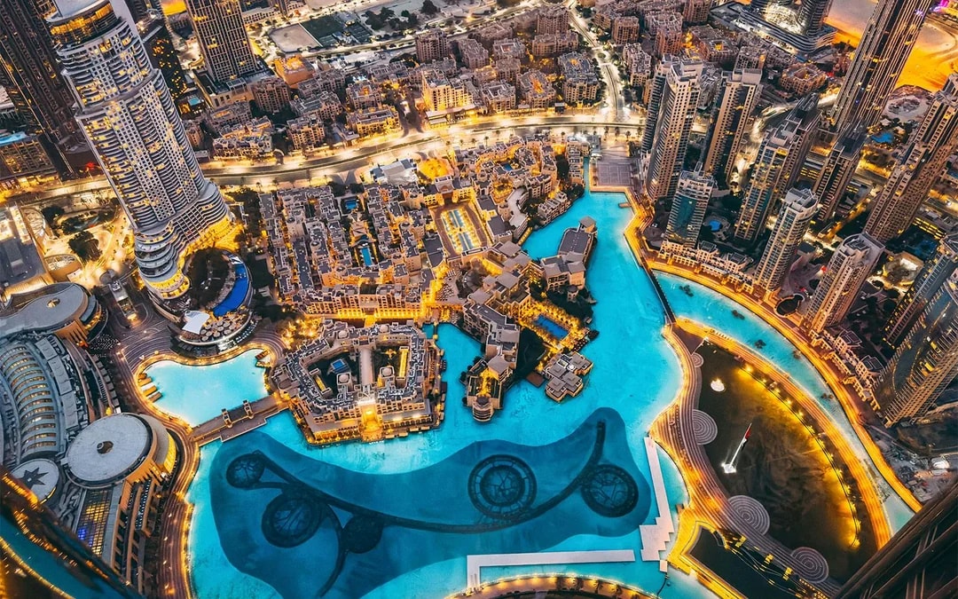Panoramic view of Dubai cityscape from Burj Khalifa's Levels 124 and 125.