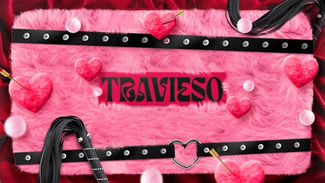 Travieso logo on pink fur with heart decorations, Lío Ibiza Sundays theme