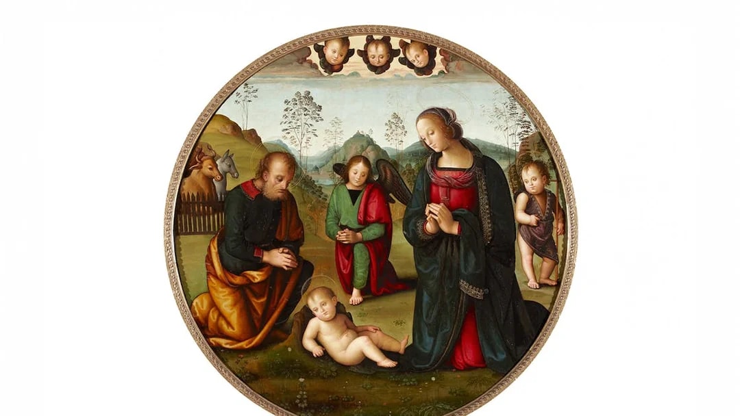 Nativity scene by Pietro Perugino, featuring Mary, Joseph, and angels in a pastoral setting.