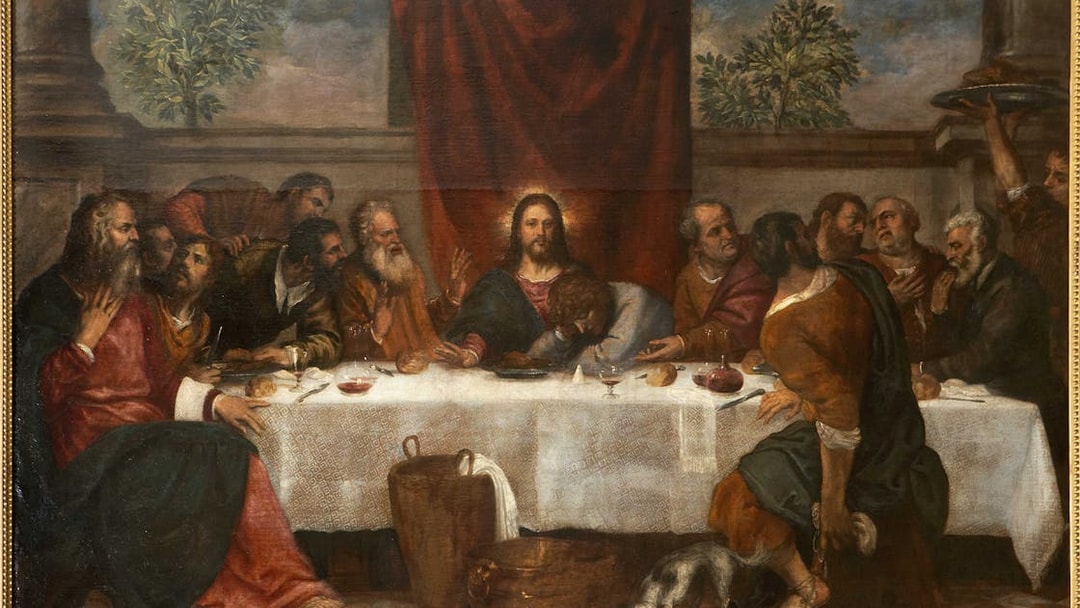 The Last Supper by Titian depicting Jesus and disciples at a table with bread and wine.