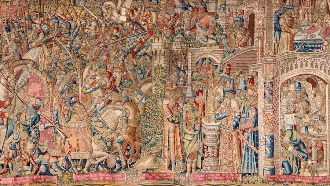Woven tapestry depicting a historical battle scene at Liria Palace, Madrid.