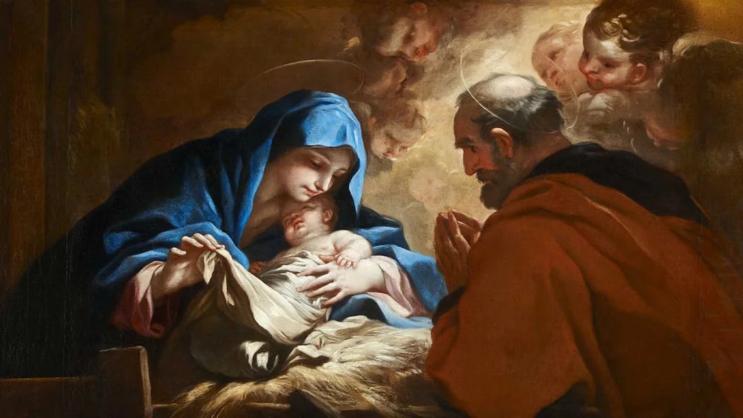Natividad Christmas painting by Luca Giordano depicting the Nativity scene with Mary and Joseph.